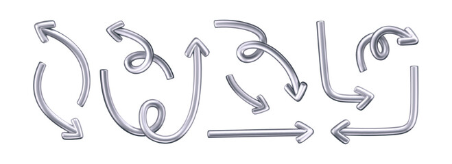 Wall Mural - 3d chrome doodle arrow set in y2k style, isolated on a dark background. render of 3d chrome liquid c