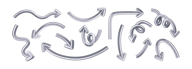Wall Mural - 3D chrome doodle arrow set in Y2K style, isolated on a dark background. Render of 3D chrome liquid curve and swirl arrows, rotating up, down, and right with metal silver effect. 3D vector Y2K figure