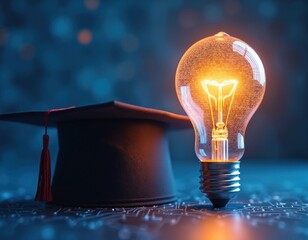 Poster - Illustration graduate cap light bulb education innovation. Blue background emphasizes tech, learning. Modern concept represents future digital AI. Graduate student online study idea knowledge.