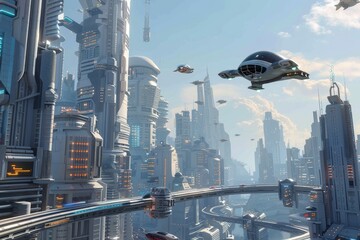 Poster - a digital illustration of a futuristic city with towering skyscrapers and flying vehicles, a futuris