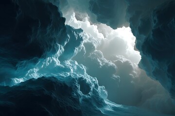 Poster - An abstract view of a dark cave with a glowing opening, showing the light and shadow, creating a mystic and mysterious atmosphere with interesting rock formation.