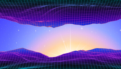 Aufkleber - Retro low poly grid landscape with polygonal mountain, palm trees silhouettes and sun, vector illustration. 80s style synthwave landscape with neon grid mountains, palm trees silhouettes and sun.