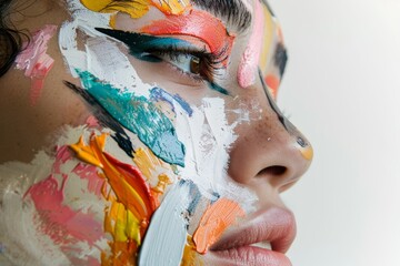 Poster - A womans face is covered in colorful paint, with the focus on her right eye and nose, Reflect on the progress made towards gender equity through your creative expression