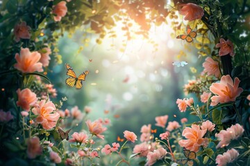 Poster - A magical garden scene with pink flowers and butterflies fluttering in the sun, A magical garden with blooming flowers and fluttering butterflies