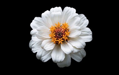 Fototapete - White zinnia flower with orange center, levitating against a stark black background.  Close-up studio shot with sharp focus and detailed texture