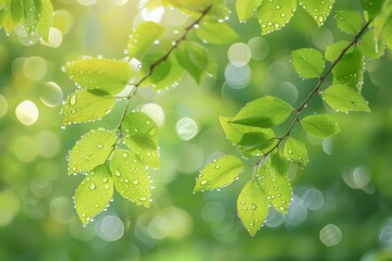 Poster - Close-up of green leaves with water droplets reflecting the morning sun, Misty morning dew on vibrant green leaves