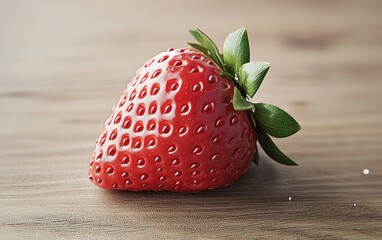 Poster - single ripe strawberry on wooden surface, close-up view. red, glossy berry with green leaves. natura
