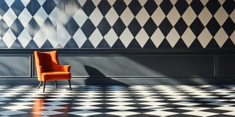 Poster - A stylish interior scene showcasing a bold orange chair against a classic black and white diamond pattern wall. The floor features a checkerboard design.