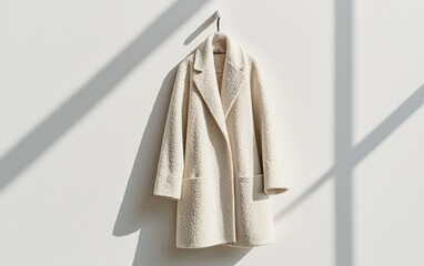 Poster - cream-colored coat hangs on a simple hook against a white wall, sunlight casting shadows. minimalist