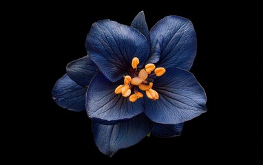 Poster - Close-up view of a dark blue flower with orange center,  levitating against a stark black background. The flower petals appear textured, possibly with dew or glitter. 