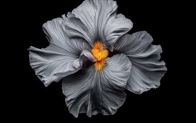 Poster - Gray iris flower with orange center, levitating against a stark black background.  The flower appears three dimensional with a pointillist texture. Studio lighting provides sharp detail