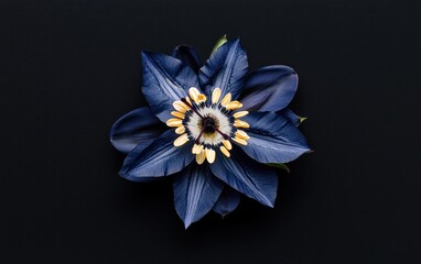 Poster - Close-up view of a dark blue passionflower with yellow center, levitating against a stark black background. The image is sharply focused, highlighting the flower's intricate details and texture