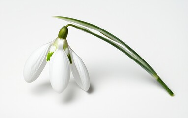 Fototapete - Single snowdrop flower with green leaves levitates on a solid white background. The flower is slightly tilted, showcasing its delicate white petals and subtle green accents. Soft lighting enhances