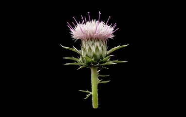 Poster - close-up of a thistle flower with pale pink and white petals against a stark black background. the t