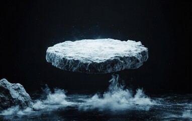 Poster - Glowing, levitating crystalline formation floats above a smoky, dark surface.  Dark background emphasizes the ethereal glow. Digital art