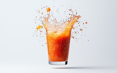 Poster - Levitation photography of gazpacho splashing from a glass against a white background. The vibrant orange liquid is frozen mid-air, showcasing dynamic movement and texture