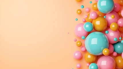 Poster - Colorful 3D spheres clustered on a peach background creating an abstract design.