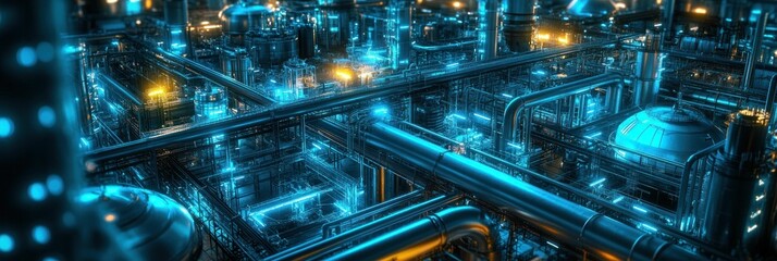 Poster - Futuristic Industrial Complex with Luminous Pipelines and Intricate Structures
