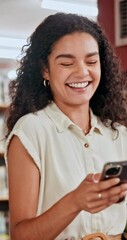 Poster - Smile, woman and student with phone in library for communication, study research and education feedback. Person, walking and mobile for social media, scholarship application and learning notification
