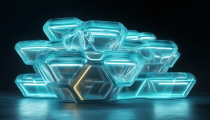 Aufkleber - Luminous hexagonal structures, glowing in cyan and gold, creating a futuristic abstract arrangement