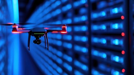 Wall Mural - A drone hovers in a server room filled with rows of servers emitting blue lights. The scene highlights the blend of technology and data management during nighttime