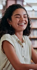 Poster - Woman, student and face for education in library for knowledge, research and information on project. Portrait, person and studying for learning, university assessment and homework for academic growth
