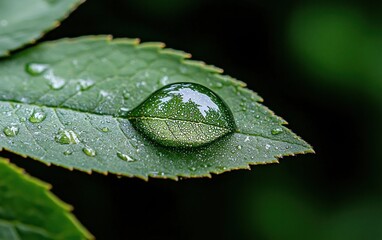 Poster - Macro photograph of a glistening dewdrop on a vibrant green leaf, reflecting light. Shallow depth of field with blurred background. 