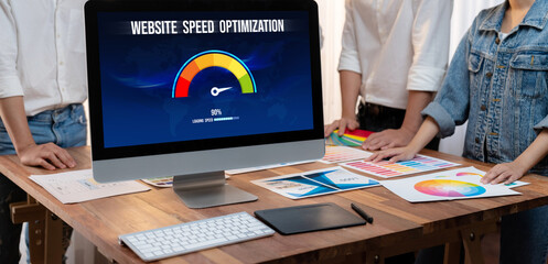 Fototapete - Computer software evaluating website loading speed. Concept of improving website loading speed brisk.