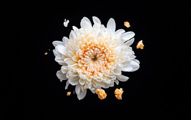 Poster - White chrysanthemum flower with orange center levitates against a stark black background, petals and debris floating around it