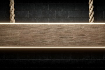 Poster - Wooden sign with glowing border hanging from rope in a dark stone wall setting