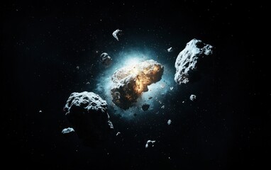 Poster - Cosmic collision of asteroids in dark space, glowing energy, digital art. Dark background with vibrant light