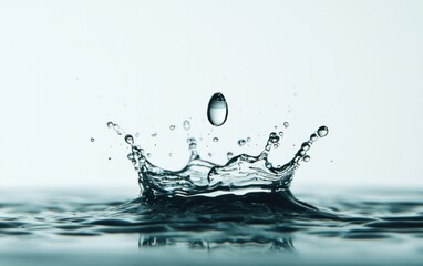 Poster - A single water droplet impacting a water surface creating a crown-shaped splash. The image is shot against a light gray background. The water is clear and the splash shows fine details
