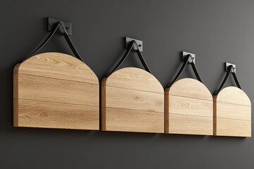 Poster - Unique wooden wall art with curved designs displayed on a modern black background in a stylish interior space