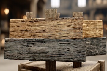 Poster - Wooden planks displayed in a rustic workshop showcasing natural textures and craftsmanship