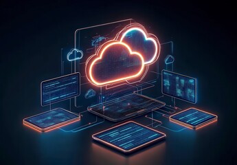 Poster - Digital cloud network illustration in neon colors, symbolizing modern data storage and computing concepts.
