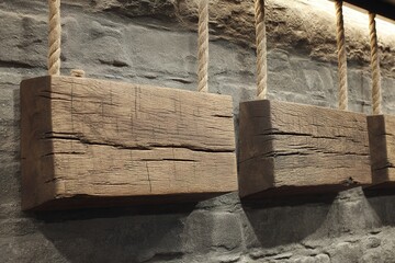 Poster - Wooden blocks hanging on ropes against a textured wall in a rustic interior design setting