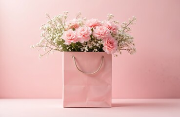 Fototapete - Beautiful carnations bouquet in pink gift bag. Minimalist holiday concept ideal for Mothers Day, Valentines Day, birthday wedding. Modern floral arrangement for postcard, banner, background greeting