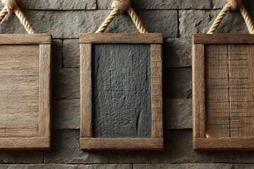 Poster - Rustic wooden frames hanging on a stone wall showcase a handcrafted aesthetic perfect for interior decor