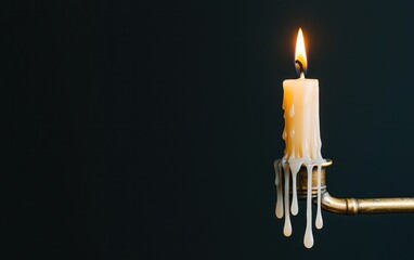 Poster - Melted candle wax drips down an old brass candlestick against a dark background. The candle is lit, casting a warm glow
