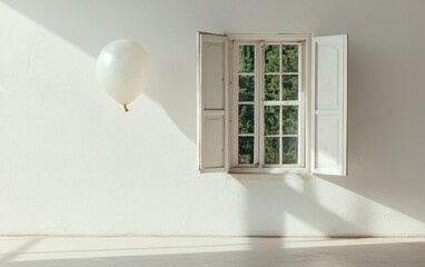 Poster - White balloon gently swaying near a window with white shutters against a textured white wall. Sunlight streams in, casting shadows. Minimalist and serene