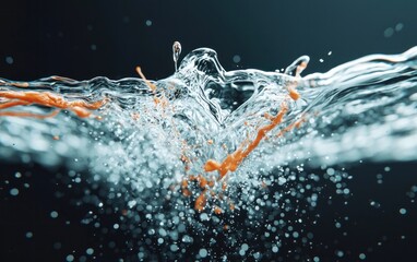 Poster - Orange ink drop impacting water, creating a dynamic splash with white and orange swirls against a dark background. The image shows detailed texture and translucency of the water and ink