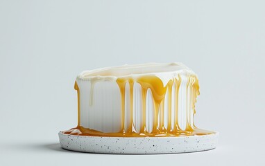 Poster - Melted golden wax cascading down a white container onto a speckled white surface against a light gray background. The image is minimalist and clean