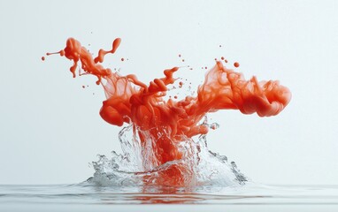 Poster - Abstract image of an orange ink drop impacting water, creating a dynamic splash. The ink expands and diffuses in the water, with small droplets scattered around the main splash. The background is a