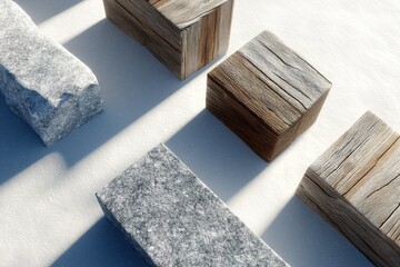 Poster - Natural materials arranged on a snow-covered surface showcasing wood and stone blocks in winter lighting