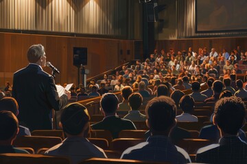 Poster - A professor stands at a podium, addressing a crowded auditorium full of students, A professor giving a lecture in a crowded lecture hall