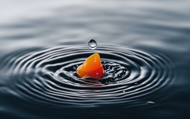Poster - Close-up of an orange drop of liquid impacting dark water, creating concentric ripples. The background is blurred, focusing attention on the droplet and its immediate effect on the water's surface