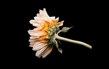 Poster - Close-up of a wilting sunflower with orange and cream petals against a stark black background. The flower is angled to the left, showing its stem and leaves.  Moody lighting and high contrast create