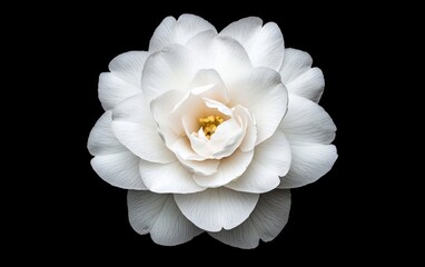 Poster - White camellia flower with speckled petals, levitating against a stark black background.  The image is sharply focused, showcasing the delicate details of the blossom and its subtle cream center