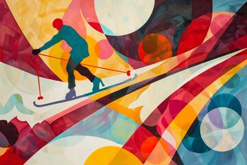 Poster - Whimsical Cross-Country Skiing Illustration With Geometric Shapes, A whimsical interpretation of cross-country skiing with abstract shapes and colors