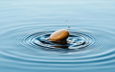 Poster - A tan pebble skips across calm blue water, creating concentric ripples. The image is sharply focused on the pebble and the water droplets, showcasing the moment of impact. The background is a serene
